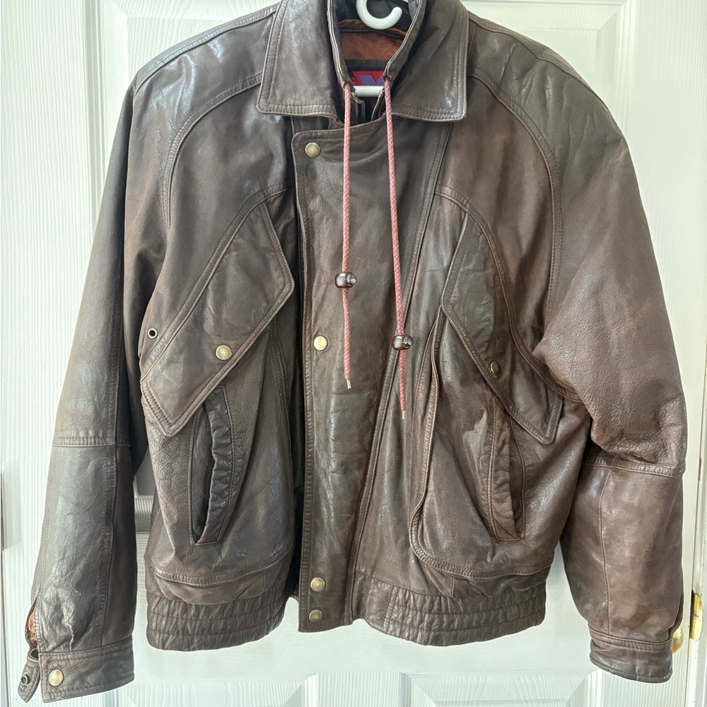 Men's Brown Leather Bomber Jacket with Utility Pockets